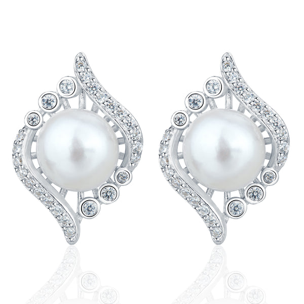 7.5MM Button Freshwater Pearl CZ Earrings