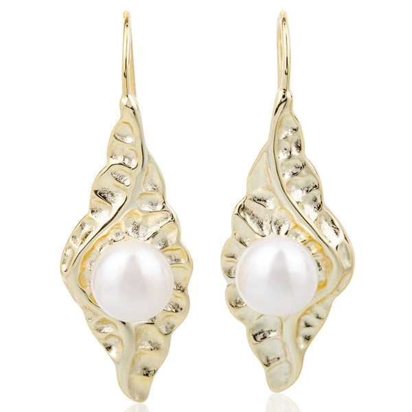 Leaf 8mm Button Freshwater Pearl Earrings