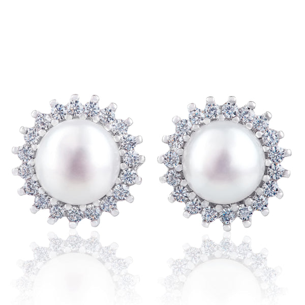 8mm Button Pearl Silver Stud Earrings