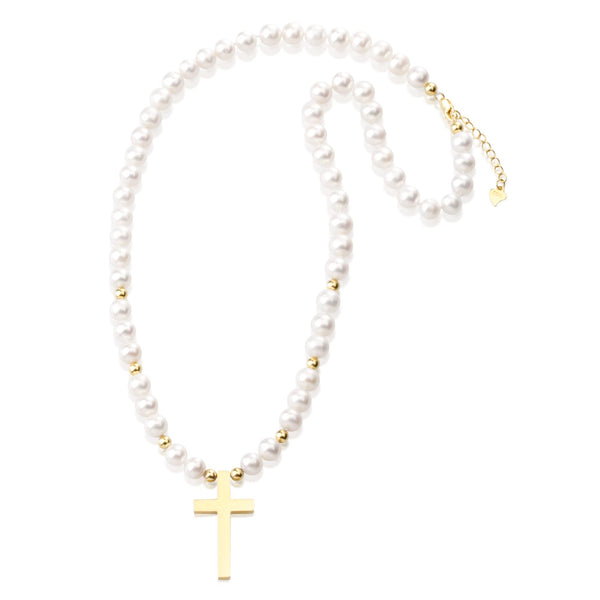7mm Pearl Necklace Cross Pendant AAA Quality